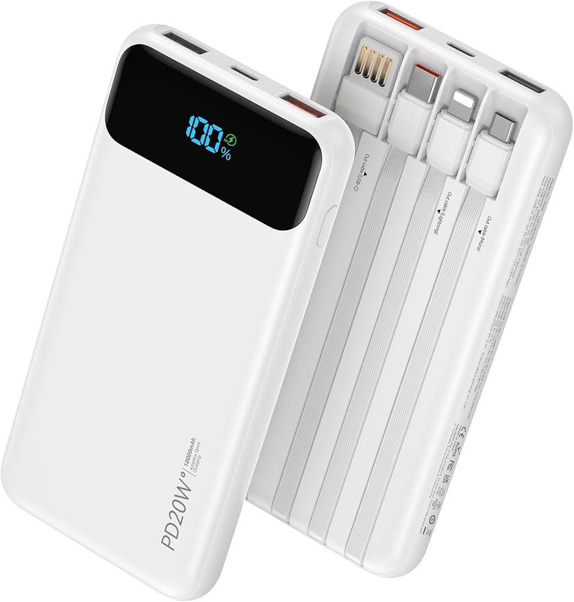 Nusyddy Portable Charger 10000mAh PD20W w/4 Built-in Cables/6 Outputs White | PD20W Fast Charging, LED Display, Pass Through Charging, Charge 6 Devices at once, TSA Approved, Fits iPhone, iPad, Samsung
