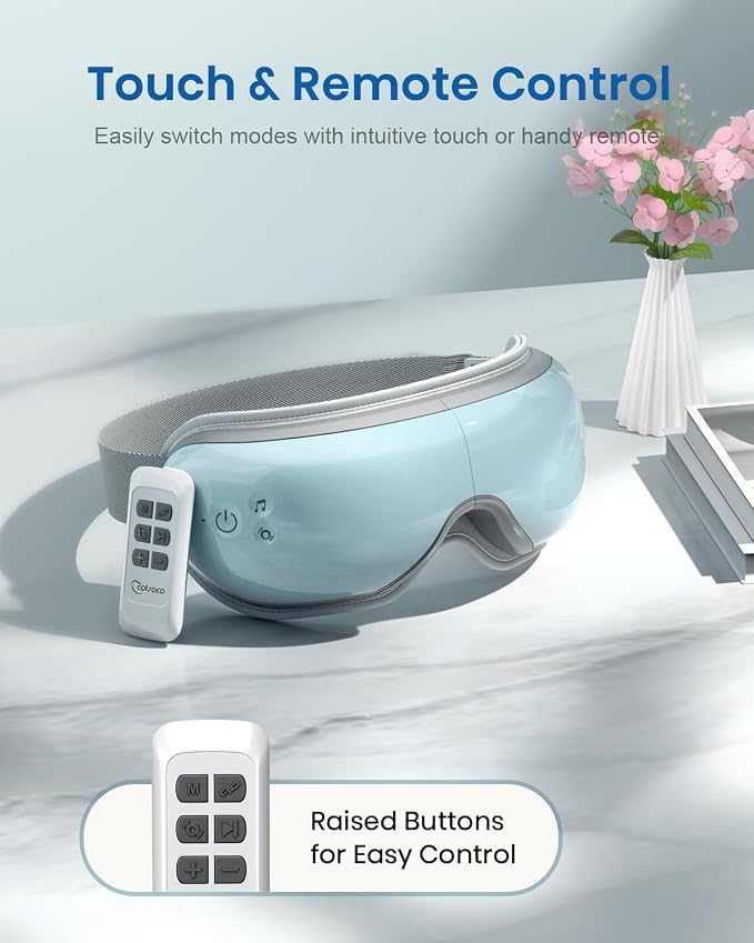 cotsoco Eye Massager with Heat, Remote, and Compression, Adjustable Foldable Sleep Mask for Relaxing Eyes and Better Sleep, Migraine Relief Device, Birthday Gifts for Women Men Her Him-Blue