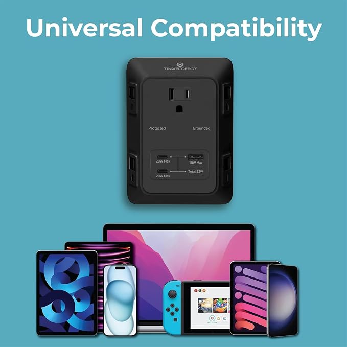 Travel Depot PD USB Wall Charger Surge Protector, 5 Outlet Extender 2 USB C & 1 USBA Charging Ports, Fast Charge 3 Sided Power Strip Multi Plug Outlets Wall Adapter for Home Office, ETL Listed (Black)