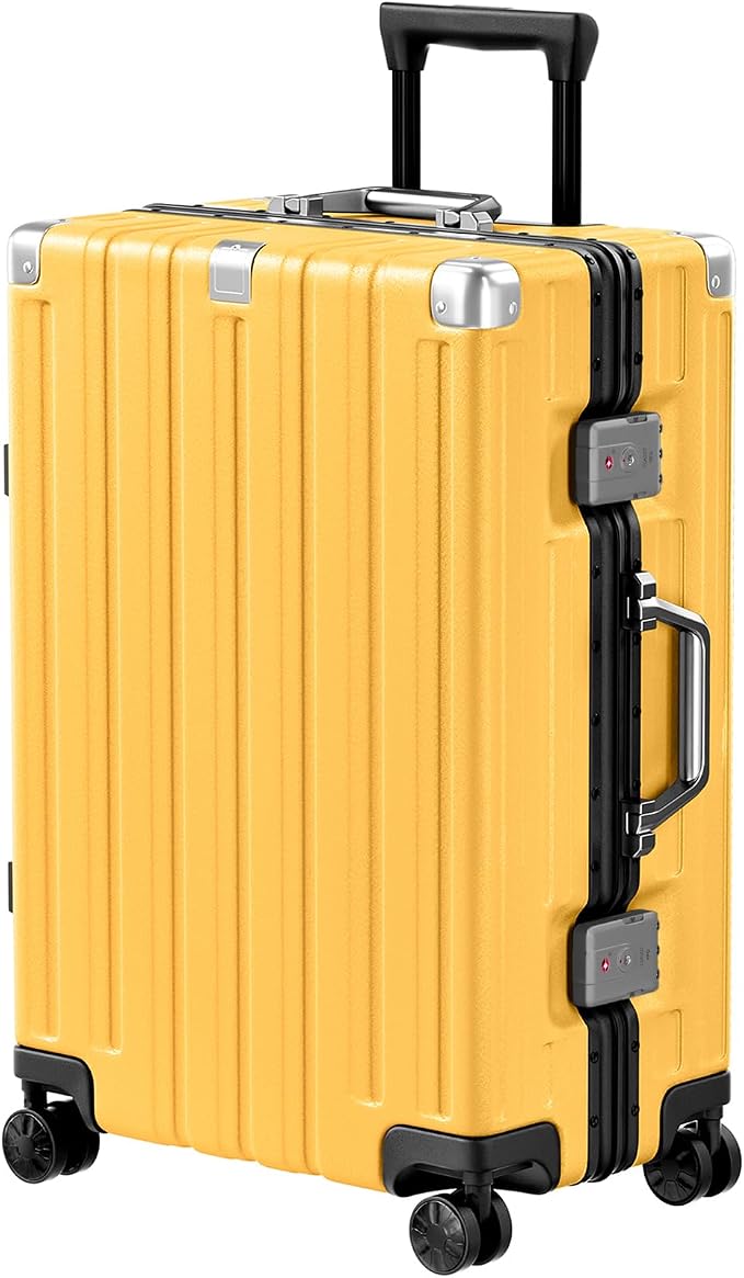 Krute Zipperless Luggage 24 Inch Aluminum Frame Suitcase with Spinner Wheels PC+ABS Hardide Checked Luggage TSA Approved No Zipper Travel Suitcase Yellow