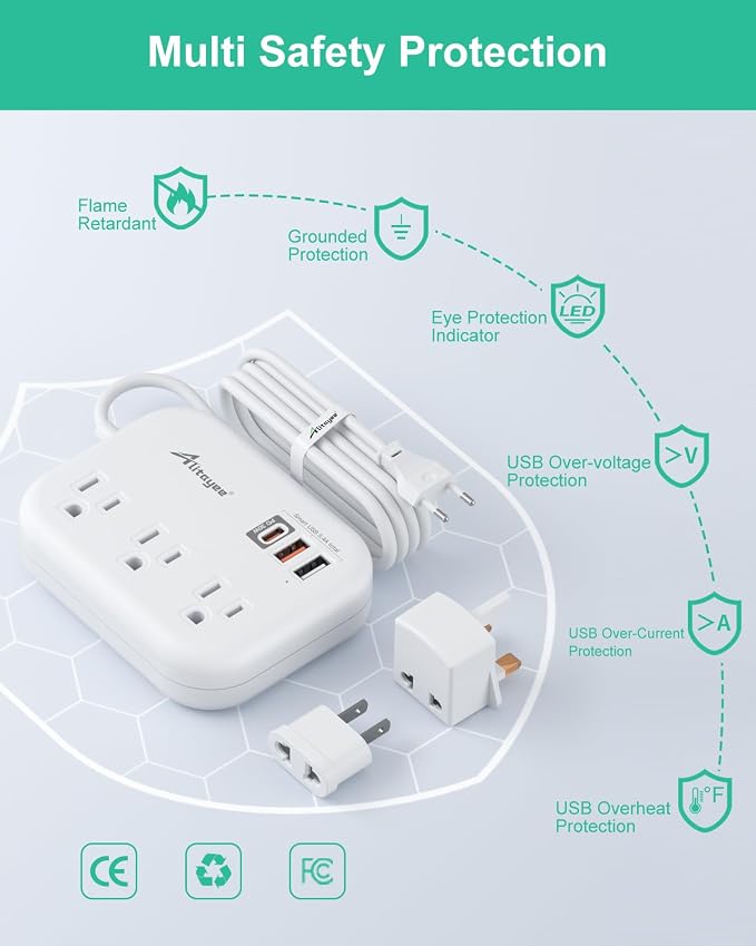 Alitayee PD30W USB C Travel Power Strip, European Travel Plug Adapter with 3 Outlets 3 USB Ports, International Universal Plug Adapter with 4ft Extension Cord to EU US UK Italy Spain France Germany