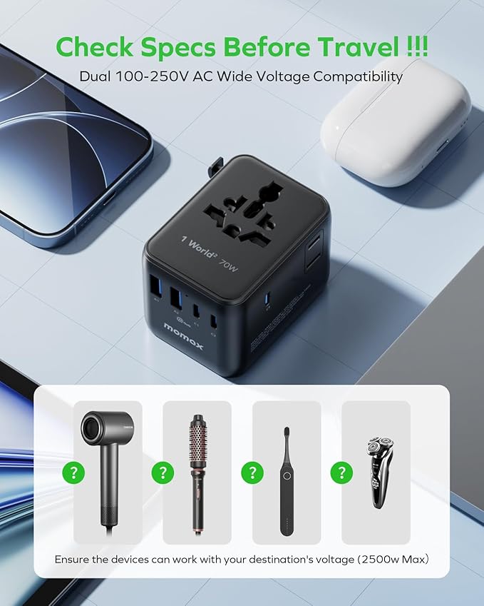 MOMAX Mini 7-in-1 Universal Travel Adapter, GaN 70W Dual AC, 3 USB-C PD & 2 USB-A QC, International Power Charger for 200+ Countries – Compact Travel Adapter for Laptop, Phone, UK/AUS/EU/JP Plug