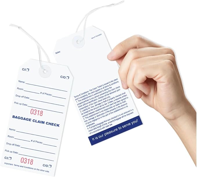 1000 Baggage Claim Check Tags with Red Consecutive Numbering. Elastic Strings Attached to Each tag with Reinforced Eyelet Around Hole Prevents Tearing. Size: 5 1/4" (Height) x 2 5/8" (Width)
