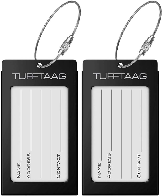 Luggage Tags Business Card Holder by TUFFTAAG - Durable Travel ID Bag Tag, Onyx, 2 Tags