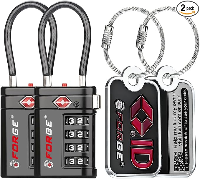 Forge TSA Approved Luggage Locks 4 Digit Combination TSA Travel Locks with TSA008, Open Alert Indicator, Zinc Alloy Body for Luggage, Suitcase, Backpack, and More. 2 Black Locks and 2 TSID.