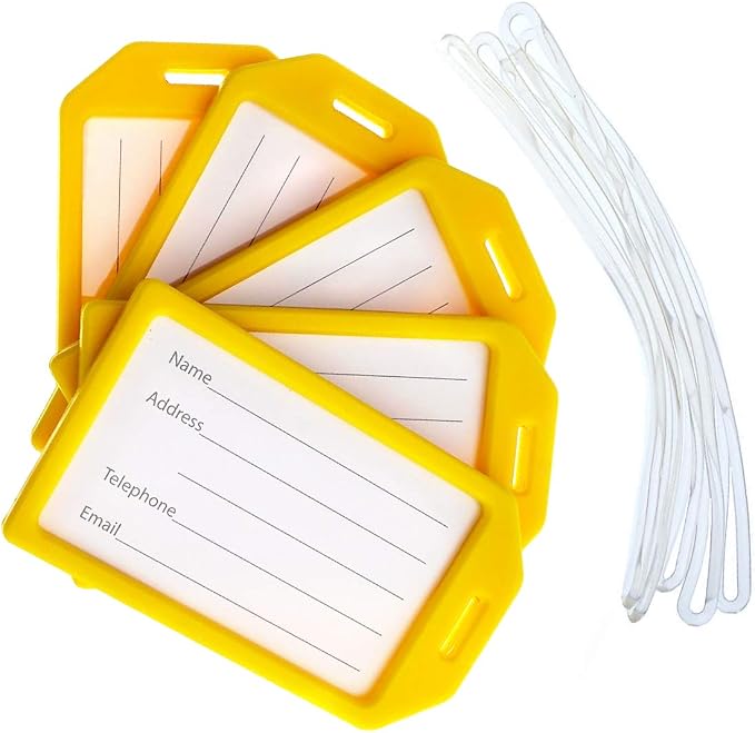 Bulk 50 Pack - Premium Rigid Airline Luggage Tag Holders with 6" Worm Loops - Heavy Duty Hard Plastic -Suitcase ID Tag Identifiers with Business Card Insert Window by Specialist ID (Yellow)