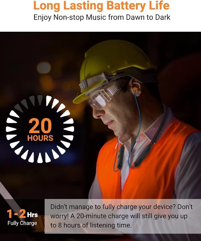 Noise Reduction Wireless Neckband Headphones with Qualcomm aptX HD, 27dB NRR, CVC Noise Cancelling Mic & Controls and 20H Playtime for Work Safety OSHA Compliant