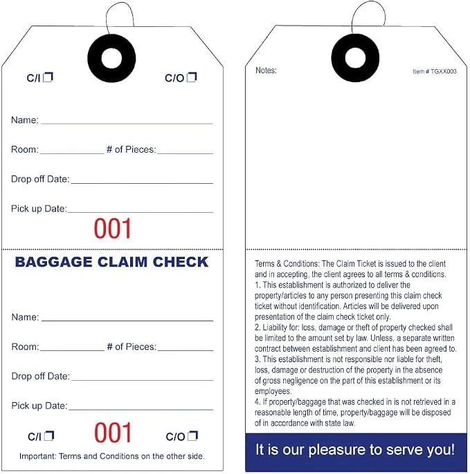 1000 Baggage Claim Check Tags with Red Consecutive Numbering. Elastic Strings Attached to Each tag with Reinforced Eyelet Around Hole Prevents Tearing. Size: 5 1/4" (Height) x 2 5/8" (Width)