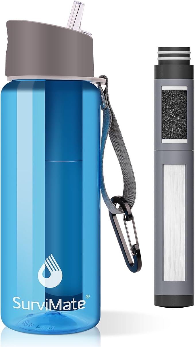 Survimate 5-Stage 0.01μm Ultra-Filtration Filtered Water Bottle, BPA-Free Material, NSF/ANSI 42 Certified, Portable Water Filter Bottle for Survival, Camping, Hiking, and Emergency Use