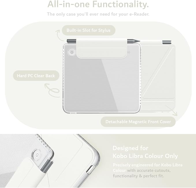 TUDIA M-FLIP Detachable Clear Magnetic Case for Kobo Libra Colour (2024) - [Auto Wake/Sleep] Shockproof Slim Transparent Back Magnetic Fold Cover with Stylus Holder (Off White)