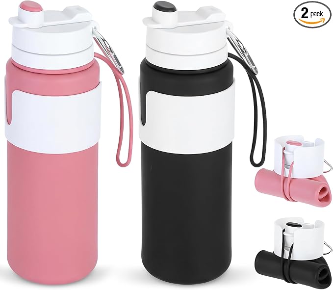 LemonRoad 2 Pcs 26 oz Silicone Collapsible Water Bottle, Portable Foldable Water Bottle Leakproof with Carabiner Reuseable Lightweight for Travel Sports Hiking Camping Cycling Office (Black,Pink)
