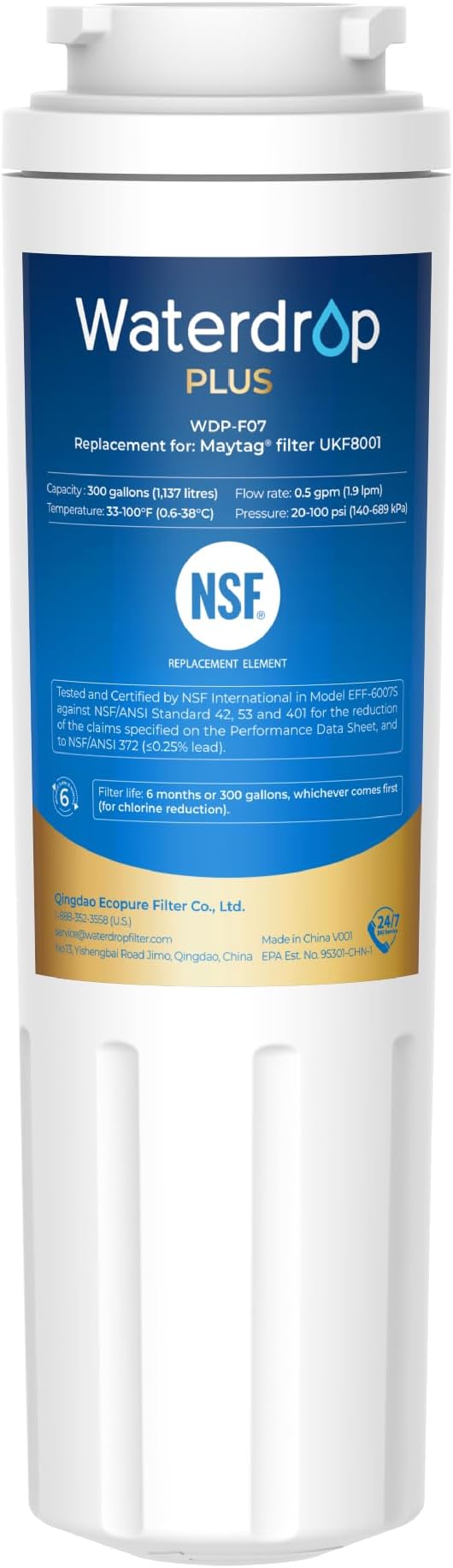Waterdrop Plus UKF8001 NSF 401, 53 Certified Refrigerator Water Filter, Reduce PFAS, Replacement for Whirlpool® Everydrop® Filter 4, EDR4RXD1, Maytag® UKF8001AXX (Packaging May Vary)