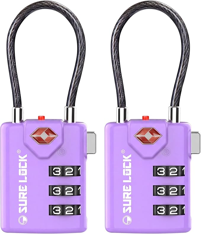 SURE LOCK TSA Approved Luggage Locks with Open Alert Indicator, 3 Digit Combination Cable Travel Lock for Suitcase, Backpack, Gym Locker, Toolbox & Travel Bag(2, Purple 2 Pack)