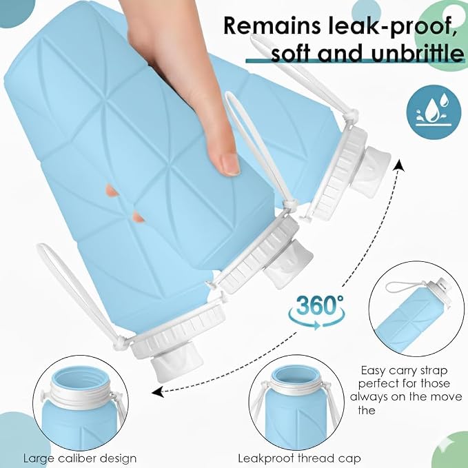 Folding Silicone Water Bottle | Collapsible Travel Water Bottle for Gym, Office, School, Cycling, Hiking & Outdoor Sports | Leak-Proof, Portable Bottle | 600 Ml (Blue)