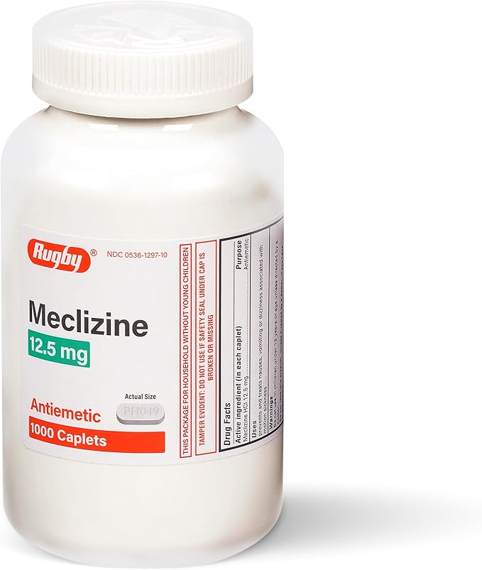 Rugby Meclizine 12.5 mg Antiemetic Caplets for Symptoms Related to Motion Sickness– Travel and Cruise Essentials, 1000 Caplets