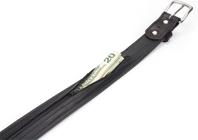 Hidden Money Pocket Travel Leather Belt (Size 36, Black)