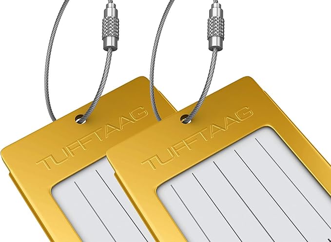 Luggage Tags Business Card Holder by TUFFTAAG - Durable Travel ID Bag Tag, Gold Aluminum, 2 Tags