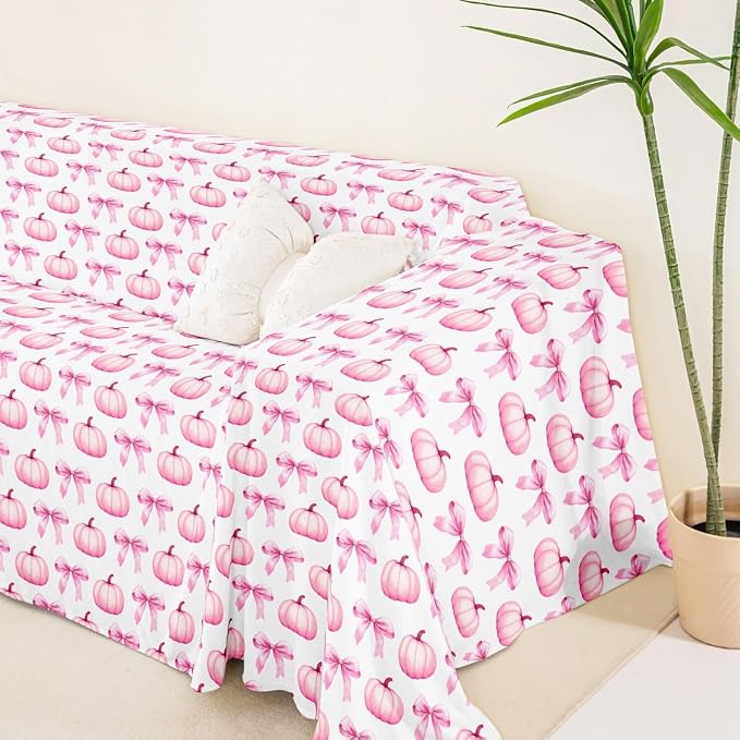 Pink Bow Pet Couch Cover Fall Decorations Thanksgiving Pumpkin Dogs Washable Non-Slip Couch Protector Autumn Harvest Fall Girly Ribbon Bowknot Pet Friendly Dog Mat for Couches and Sofas,71" x 91"
