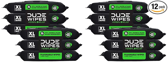 DUDE Wipes Herbal Relief Flushable Wipes - Extra-Large Adult Wet Wipes - 12 Pack (144 Count) - Infused with Soothing Witch Hazel, Geranium Essential Oils, Vitamin E, and Aloe - Septic and Sewer Safe