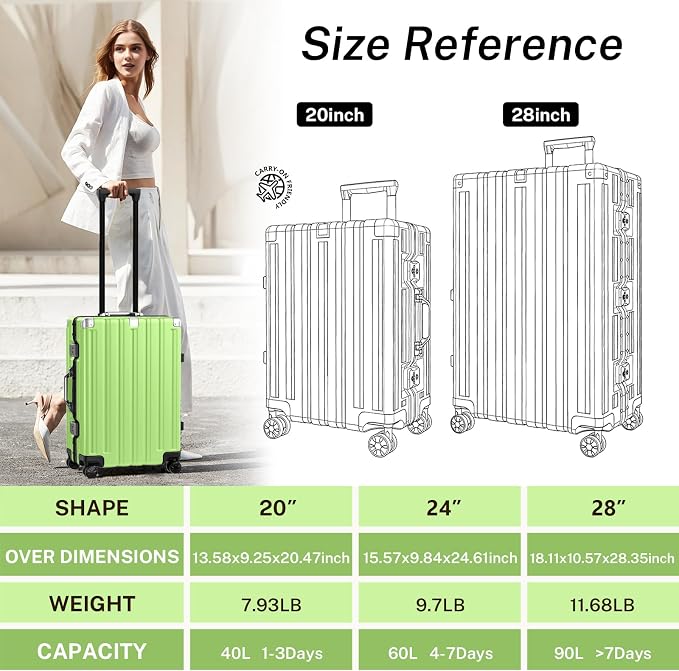 Krute Zipperless Luggage 24 Inch Aluminum Frame Suitcase with Spinner Wheels PC+ABS Hardide Checked Luggage TSA Approved No Zipper Travel Suitcase Green