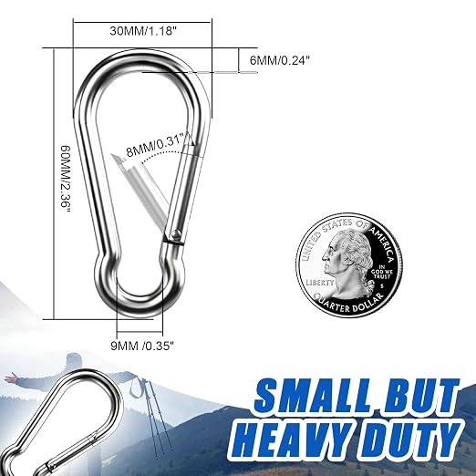 Small Carabiner Clip Hooks, 100pcs 2.36 inch Carabiners Heavy Duty, 304 Stainless Steel Spring Snap Hook Fits Camping Hiking, Metal Clips for Rope Chain Keys Rings