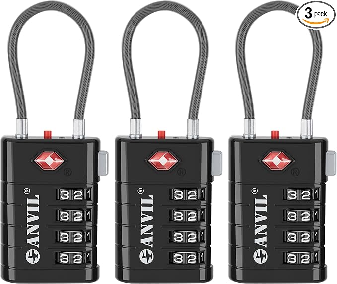 ANVIL TSA Approved Luggage Locks with Search Alert Indicator, 4-Digit Combination Suitcase Lock, Advanced TSA008 Core Heavy Duty Anti-Theft Travel Lock for Double Zippers, Backpacks