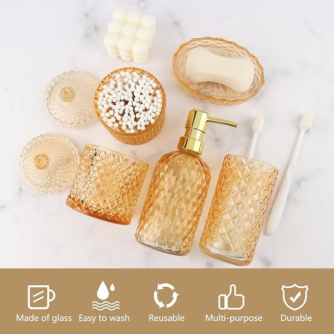 5Pcs Clear Gold Bathroom Accessories Set,Glass Bathroom Accessory Set, Bathroom Counter Sink Toothbrush Holder Set Includes 13.5oz Hand/Lotion Soap Dispenser & Tumbler & Soap Dish & Qtip Holders