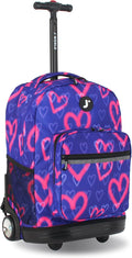 J World Sunrise Kids Rolling Backpack for Girls Boys. Roller Bookbag With Wheels For School, Heart Spray