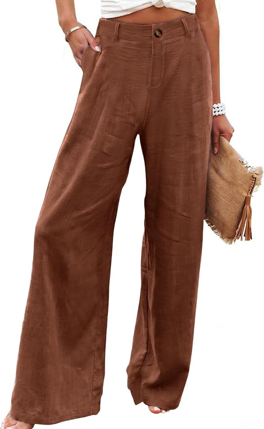 Hooever Womens Cotton Linen Pants Casual Button Up High Waisted Wide Leg Trousers