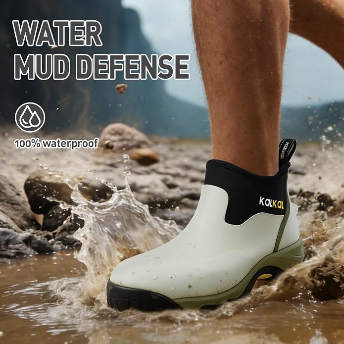 Kalkal Men's Rubber Boots, Waterproof Ankle Rain Boots, Insulated Working Booties with Comfortable Sports Sole, Outdoor Mud Boots for Yard Chore