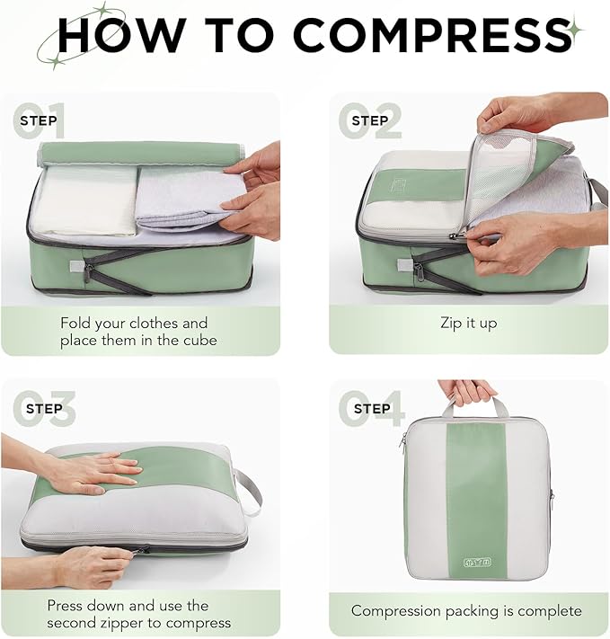 10 Set Compression Packing Cubes for Travel Essentials,Compressible Expandable Packing Cubes for Suitcase,OlarHike Luggage Garment Bags for Travel,Handy Helper for Organizing Clothes(Matcha Green)