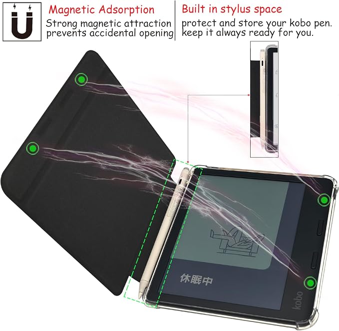 Folio Leather Case for 7" Kobo Libra Colour (2024) eReader - Ultra-Thin Enhanced Auto Sleep/Wake Cover with Transparent TPU Back, Magnetic Closure, Stylus Holder (Green)