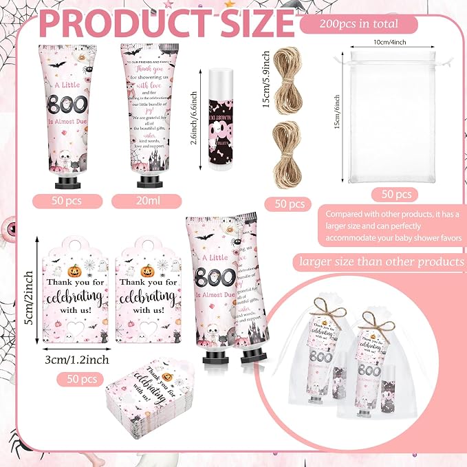 50 Sets 200 Pcs Pink Boo Baby Shower Hand Lotion and Lip Balm Gift Theme Baby Shower Party Favors Travel Size Hand Lotion and Lip Balm Bulk with Organza Bags Tags