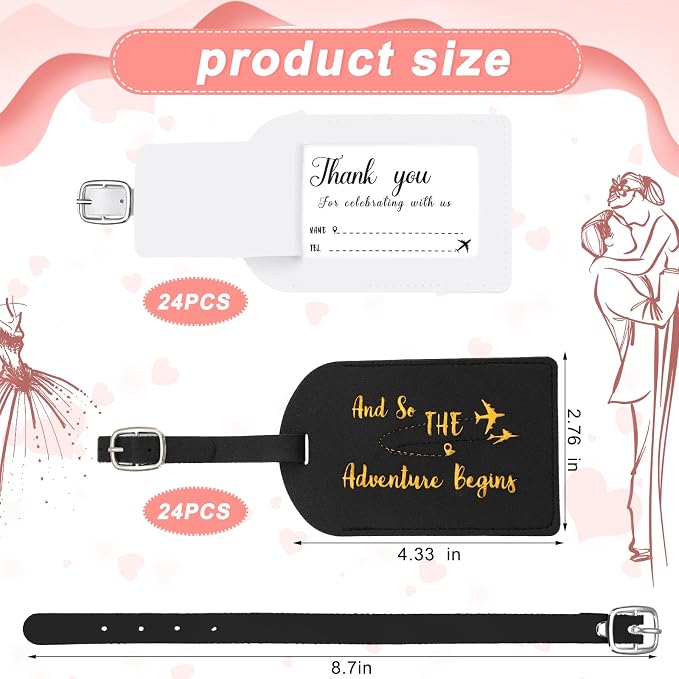 Sweetude 48 Sets Bulk Luggage Tags Wedding Favors and So The Adventure Begins Leather Luggage Tags for Suitcases with Name Card for Travel Themed Bridal Shower Graduation Party Favor(Black, White)