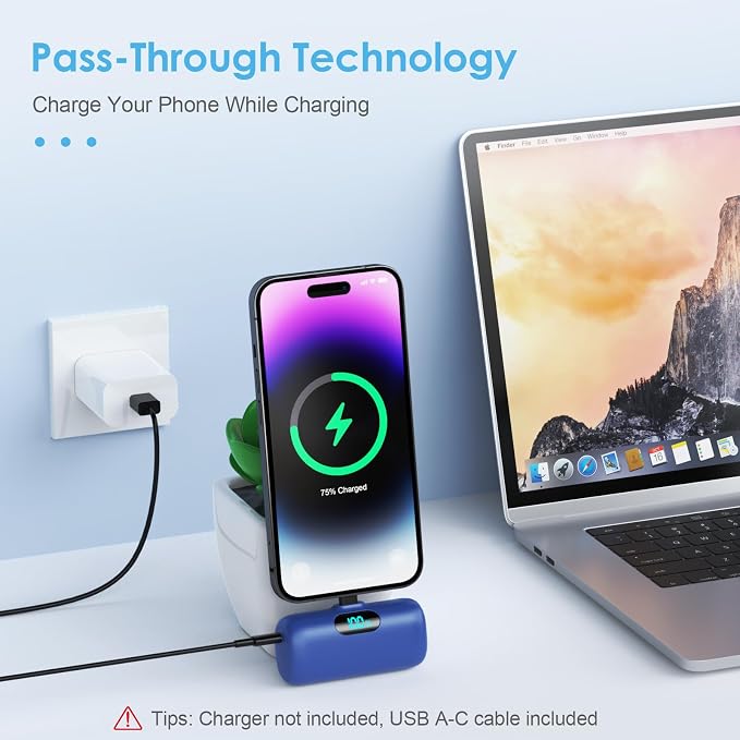 Feob Small Portable Charger for iPhone 14/13,Upgraded 5000mAh PD Fast Charging Power Bank,Mini Plug-in Battery Pack Backup foriPhone 14/14 Pro Max/13/13 Pro/12 Pro/11/XS/XR/X/8/7/6 etc-Navy