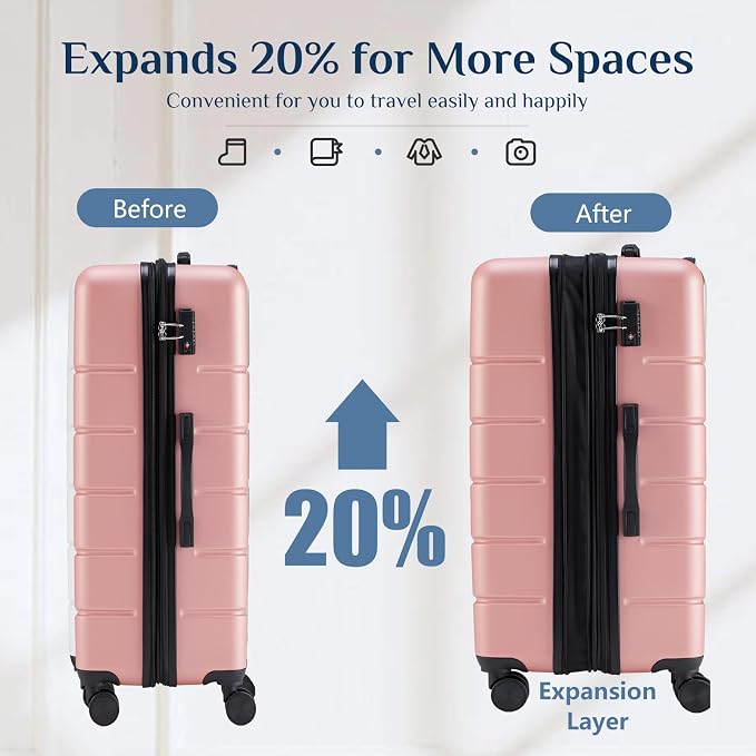 NEWBULIG 20 Inch Carry on Luggage, Lightweight Expandable Rolling Suit Case with TSA Lock, Hard Shell ABS Suitcase with Double Spinner Wheels for Short Trip, Pink