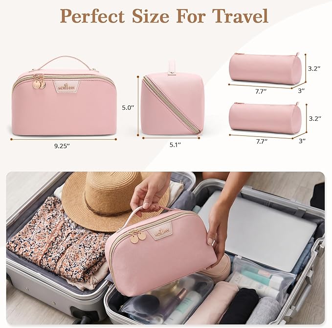 Travel Makeup Bag for Women: 3-in-1 Large Capacity Cosmetics Organizer with 2 Detachable Pouch - Vegan Leather Flat Open Toiletry Bag - Portable Travel Essentials for Full-Sized Bottles(Pink)