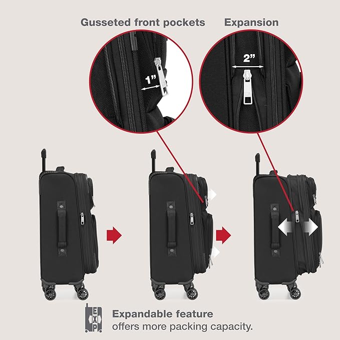 U.S. Traveler Rio Lightweight Softside Rolling Carry-on Suitcase, 4-Wheel Set, Black