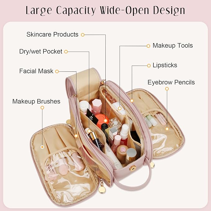 Gifts for Women Teen Girls Large Capacity Initial Travel Makeup Bag, 3-Compartment Cosmetic Organizer with Clear Brush Holders, Large Opening Waterproof Toiletry Bag, Pink,E