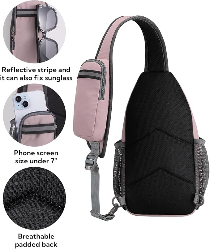 WATERFLY Crossbody Sling Backpack Sling Bag Travel Hiking Chest Bag Daypack (Pink)