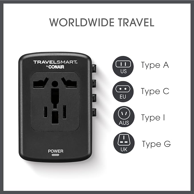 Conair Fast Charge Universal Travel Adapter - All-in-One European and Worldwide Travel Plug Adapter with Surge Protection - Includes USB C Port