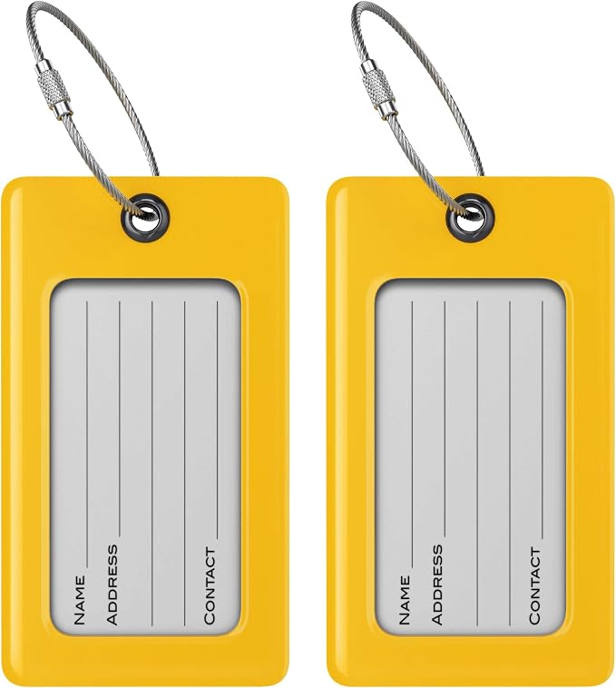 Luggage Tags Business Card Holder by TUFFTAAG - Flexible PVC Travel ID Bag Tag, Yellow, 2 Pack