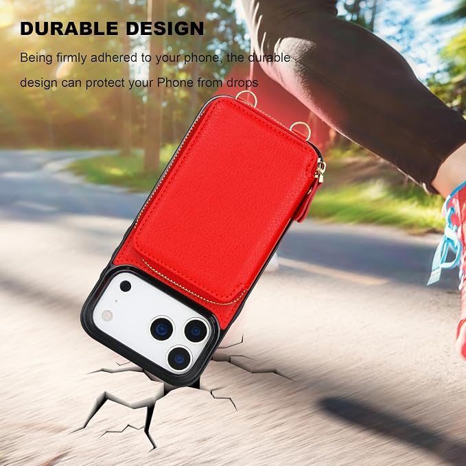 Bocasal RFID Blocking Wallet Case for iPhone 17 Pro Max, Adjustable Crossbody Zipper Purse Case Card Holder with Kickstand Detachable Wrist Strap, PU Leather Flip Folio Case 6.9 Inch 5G (Red)