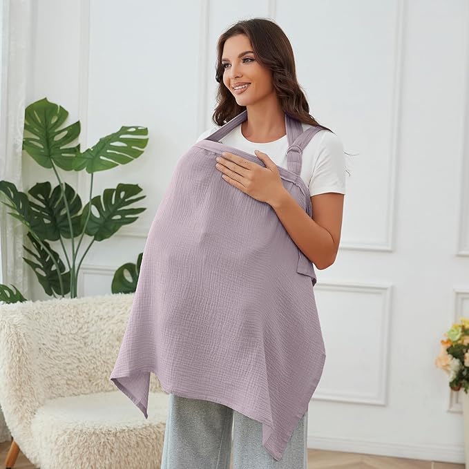Muslin Nursing Cover for Baby Breastfeeding, Breathable 100% Cotton Breastfeeding Cover with Rigid Hoop for Mother Nursing Apron (Lavender)