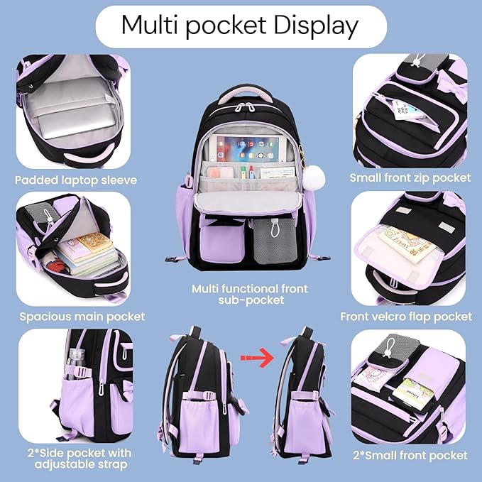Purple School Backpack with Wheels for Girls Wheeled Bookbags Kids Rolling Backpack for Girls Trolley School Bag, Purple 2 Wheels