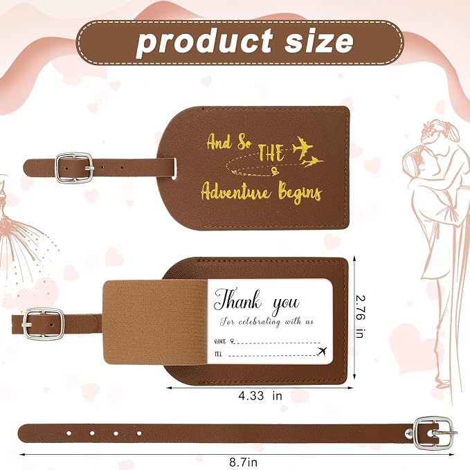 Sweetude 48 Sets Bulk Luggage Tags Wedding Favors and So The Adventure Begins Leather Luggage Tags for Suitcases with Name Card for Travel Themed Bridal Shower Graduation Party Favor(Yellow Brown)