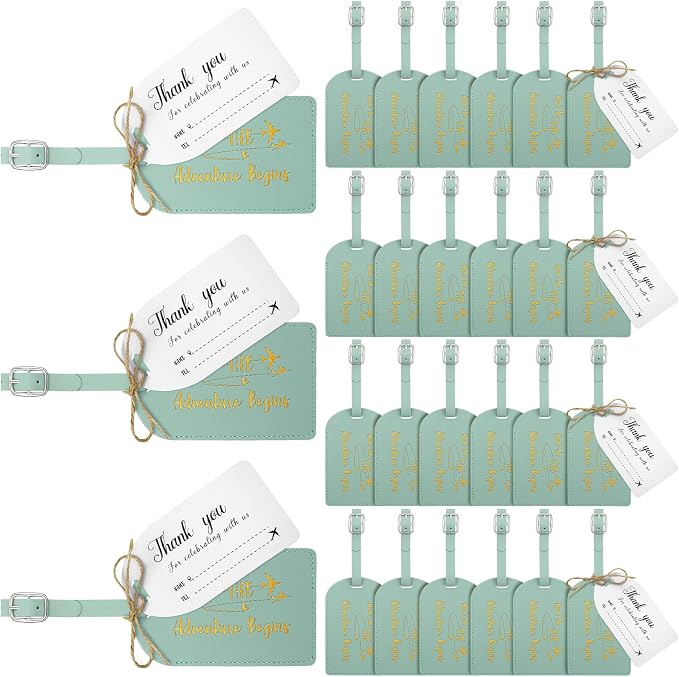 Sweetude 48 Sets Bulk Luggage Tags Wedding Favors and So The Adventure Begins Leather Luggage Tags for Suitcases with Name Card for Travel Themed Bridal Shower Graduation Party Favor(Light Green)