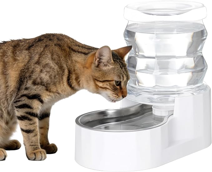 RIZZARI 4L White Pet Water Dispenser with Stainless Steel Bowl | Filter-Free Design,Automatic Gravity Water Supply,Spill-Resistant Base,Easy Water Refill,Durable PP Construction