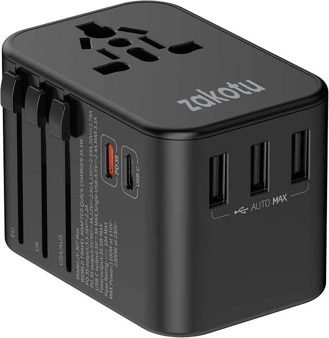 Universal Travel Adapter, 35.5W 5-in-1 Worldwide Power Adapter with PD Fast Charge USB C, 5 Port Compact Charging Hub with AC Outlet for All USB Devices, 110V-230V for 200+ Countries (US/UK/EU/AU)