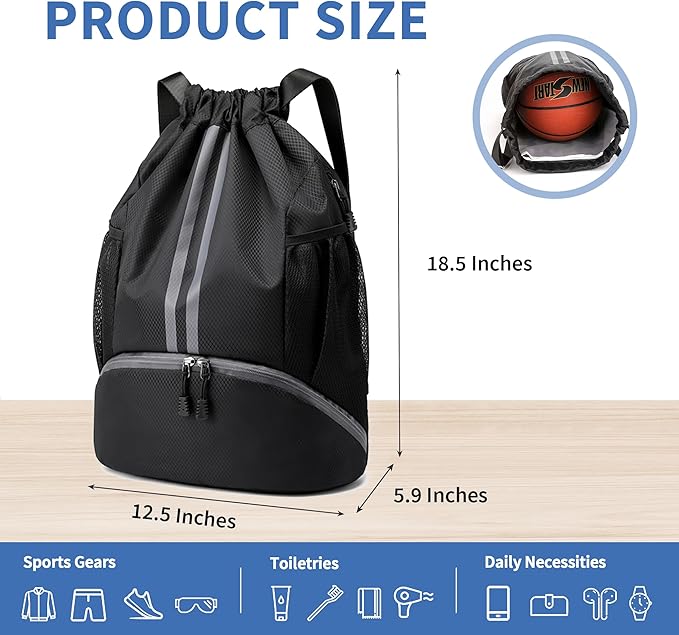 JELUTAR Drawstring Backpack Gym Bag with Shoes Compartment for Soccer, Basketball, Swim, Water-Resistant String Backpack Beach Cinch for Women Men